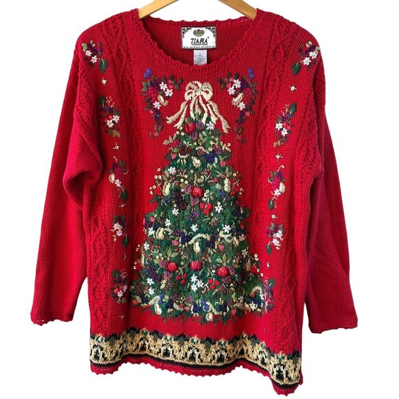Tiara International Embellished Vintage Christmas Tree Red Sweater Size Large - Picture 2 of 7